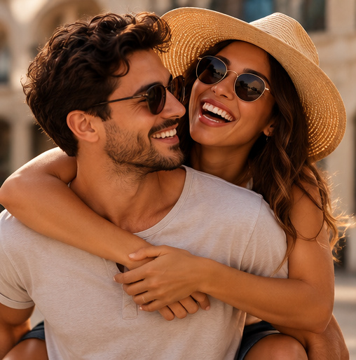 A laughing couple in sunglasses, the woman hugging the man from behind