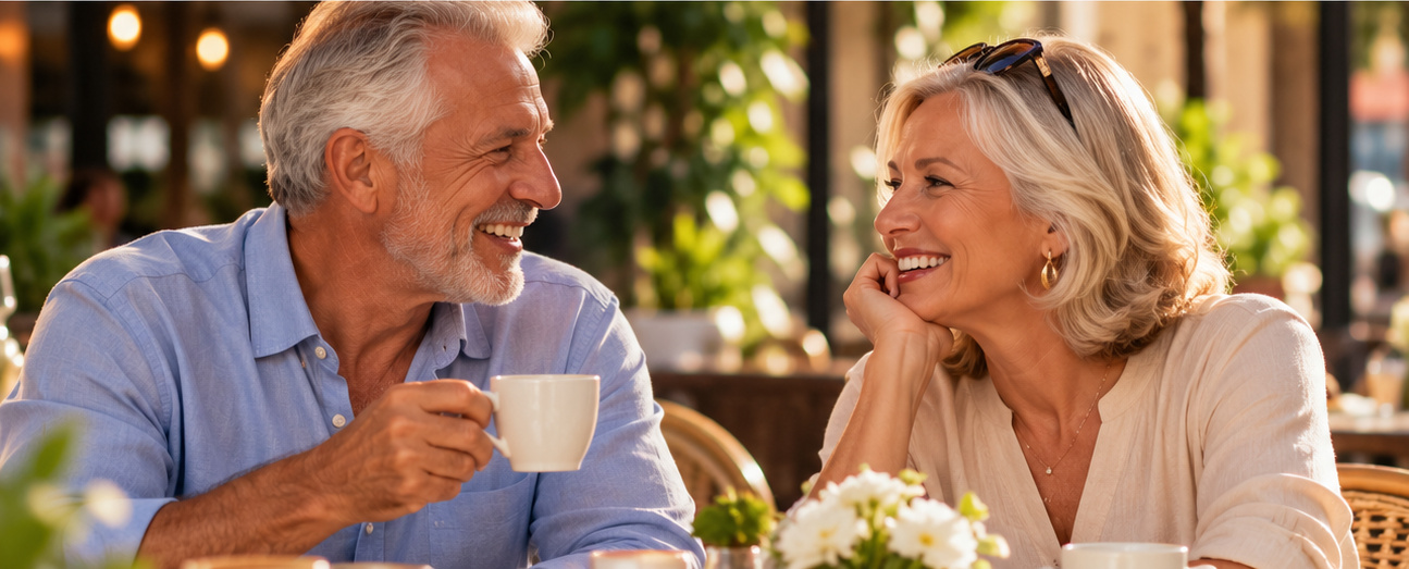 An older man and woman laughing together over coffee at an outdoor café