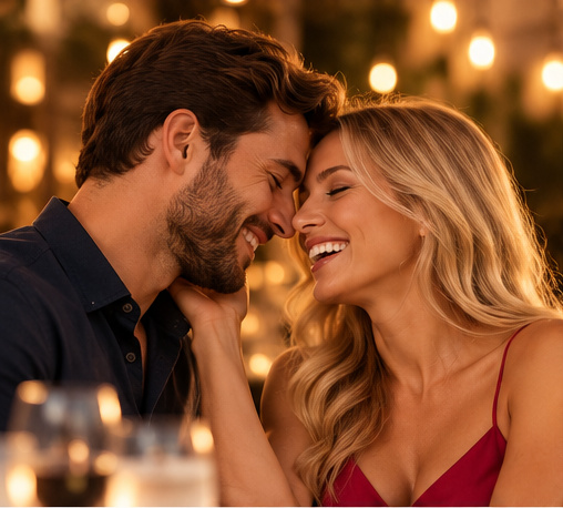 A couple touching foreheads and laughing together in warm evening light