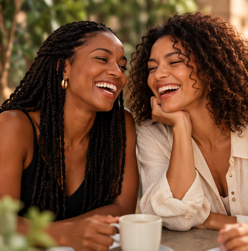 Two women laughing together over coffee